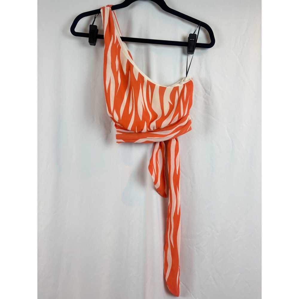 HM Orange Zebra Print One Shoulder Crop Top Tie Waist‎ Size M Asymmetric Chiffon